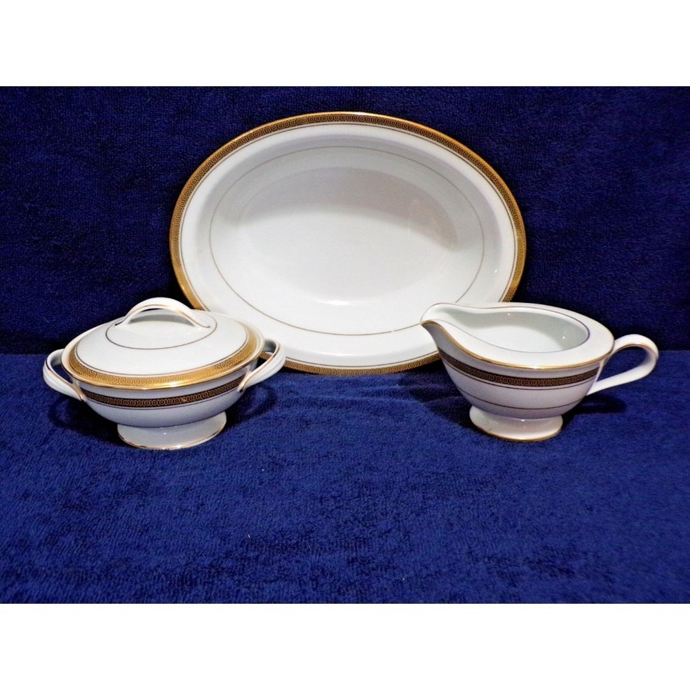 Noritake Pompeii 6678 China 3 Piece Set Ivory Gold Greek Key Japan Vintage